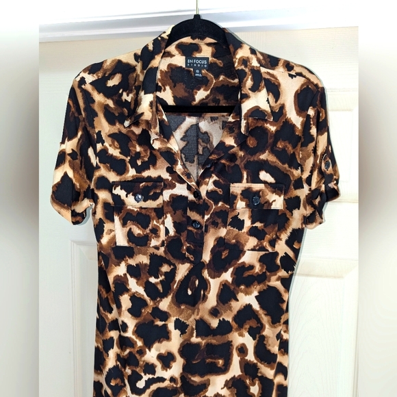 En Focus Studio Size 10 Women's Knee Length Leopard Collar Shirt Dress NWoT - Picture 2 of 10